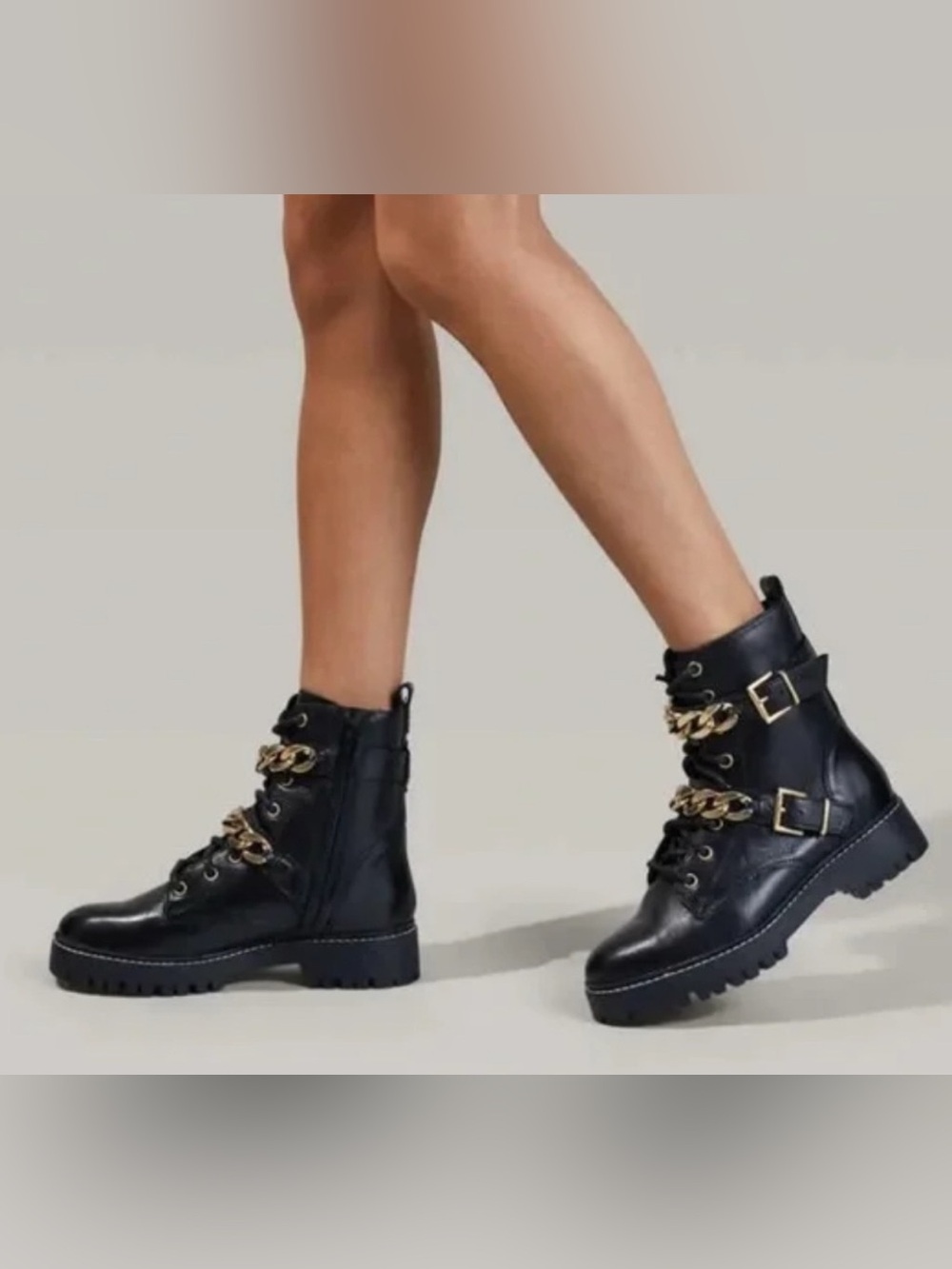 New Carvela Women's Salute Black Leather Chain Biker Boots